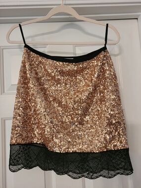 Zadig & Voltaire Rose Gold Sequin Mini Skirt with Black Lace Hem